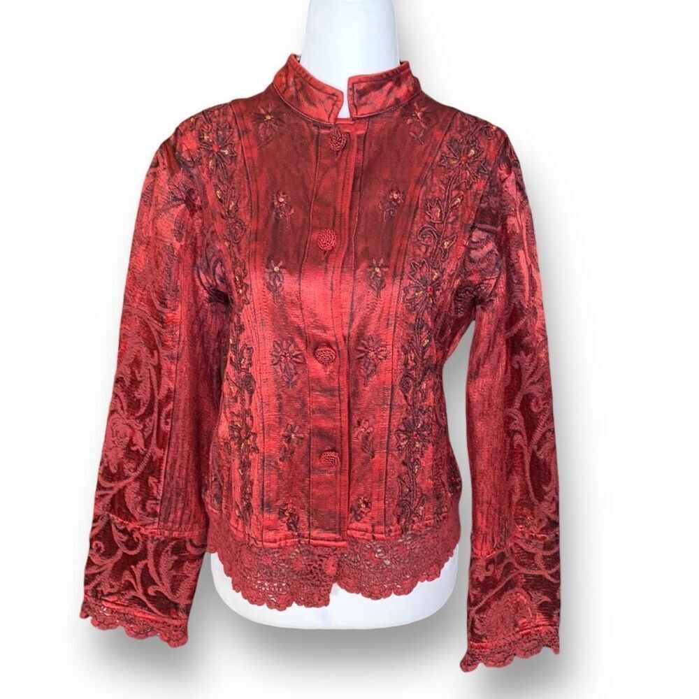 Vintage‎ Flashback Jacket Metallic Cherry Red Floral Detail Lace Embroidery